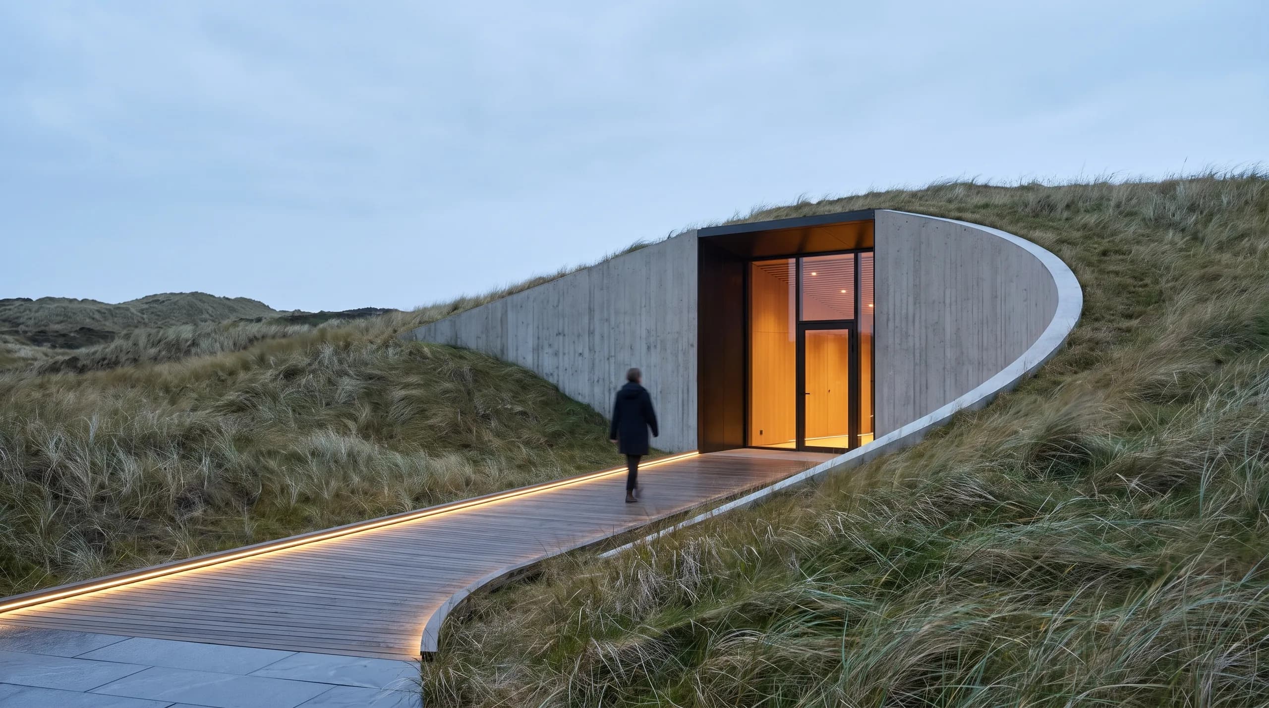Concept view of the inland approach at dusk, with the building concealed in dune terrain and no sea visible.
