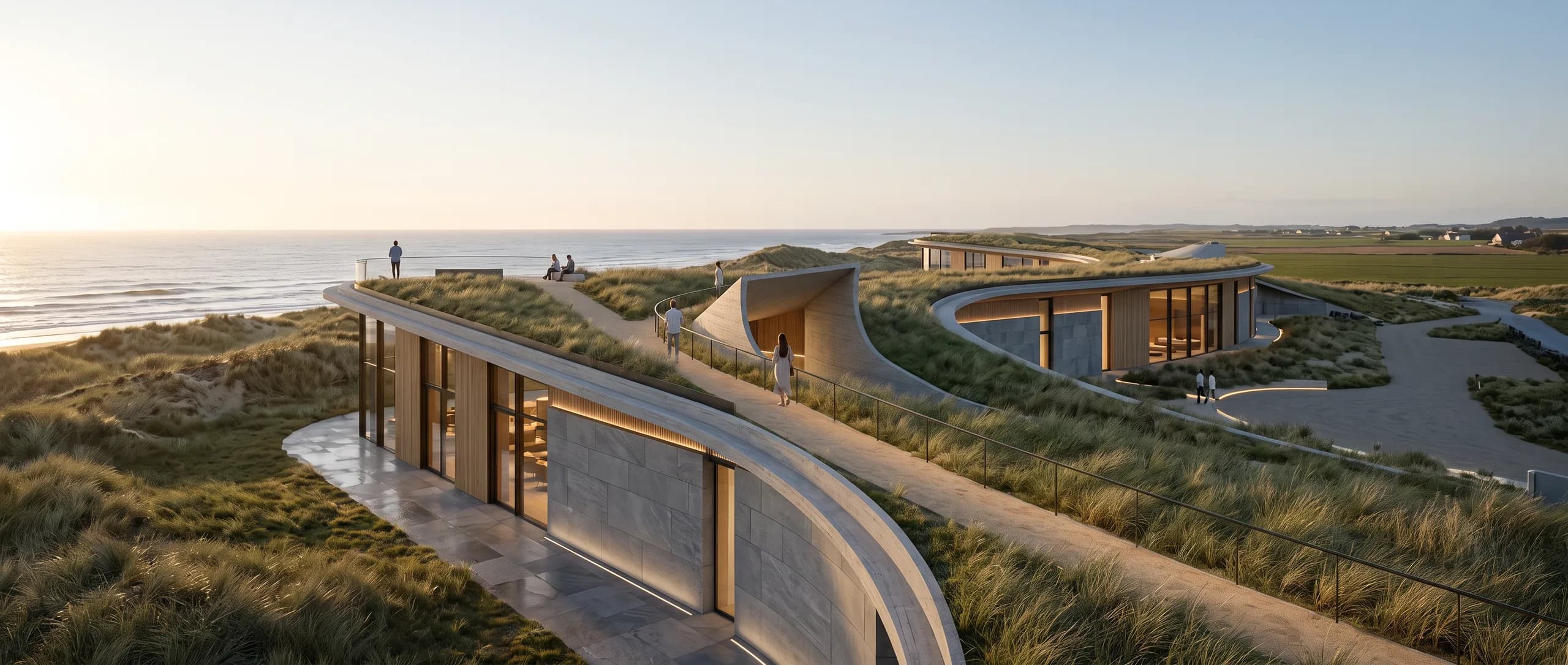 Concept view of a planted walkable roof path rising toward a viewpoint above the sea at blue hour, with the natural dune ridge visible separately beyond.