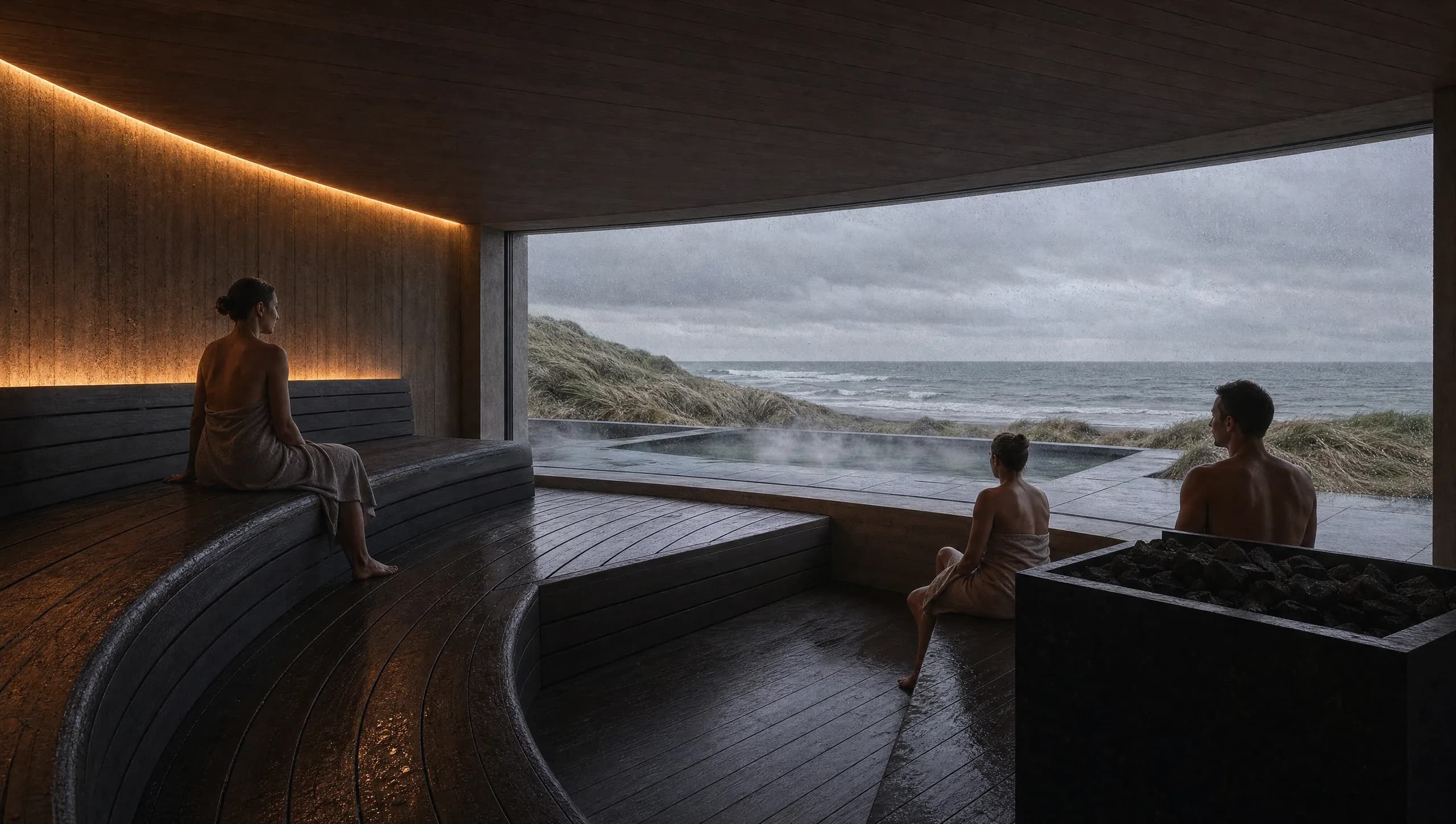Concept view of a small dark timber sauna with a deep window looking west over dunes to a grey sea, and a cold plunge pool outside.