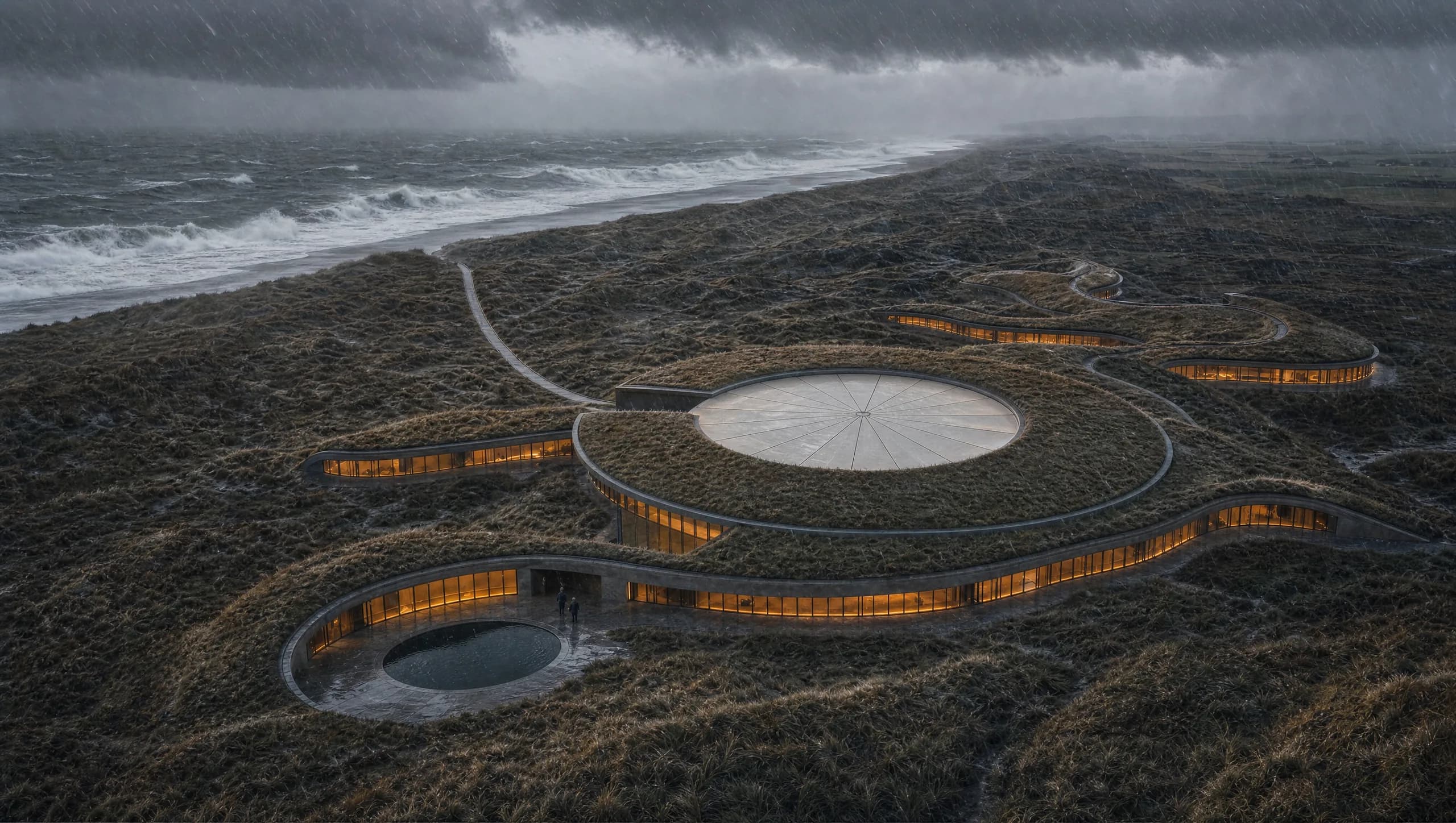 Concept aerial view of the whole complex in a winter storm: the closed retractable roof reads as a pale radial disc set flush into the grass roof of the circular hall, the glazed wings burn warm amber against the gloom, and beyond the dunes the North Sea breaks heavily under driving rain.