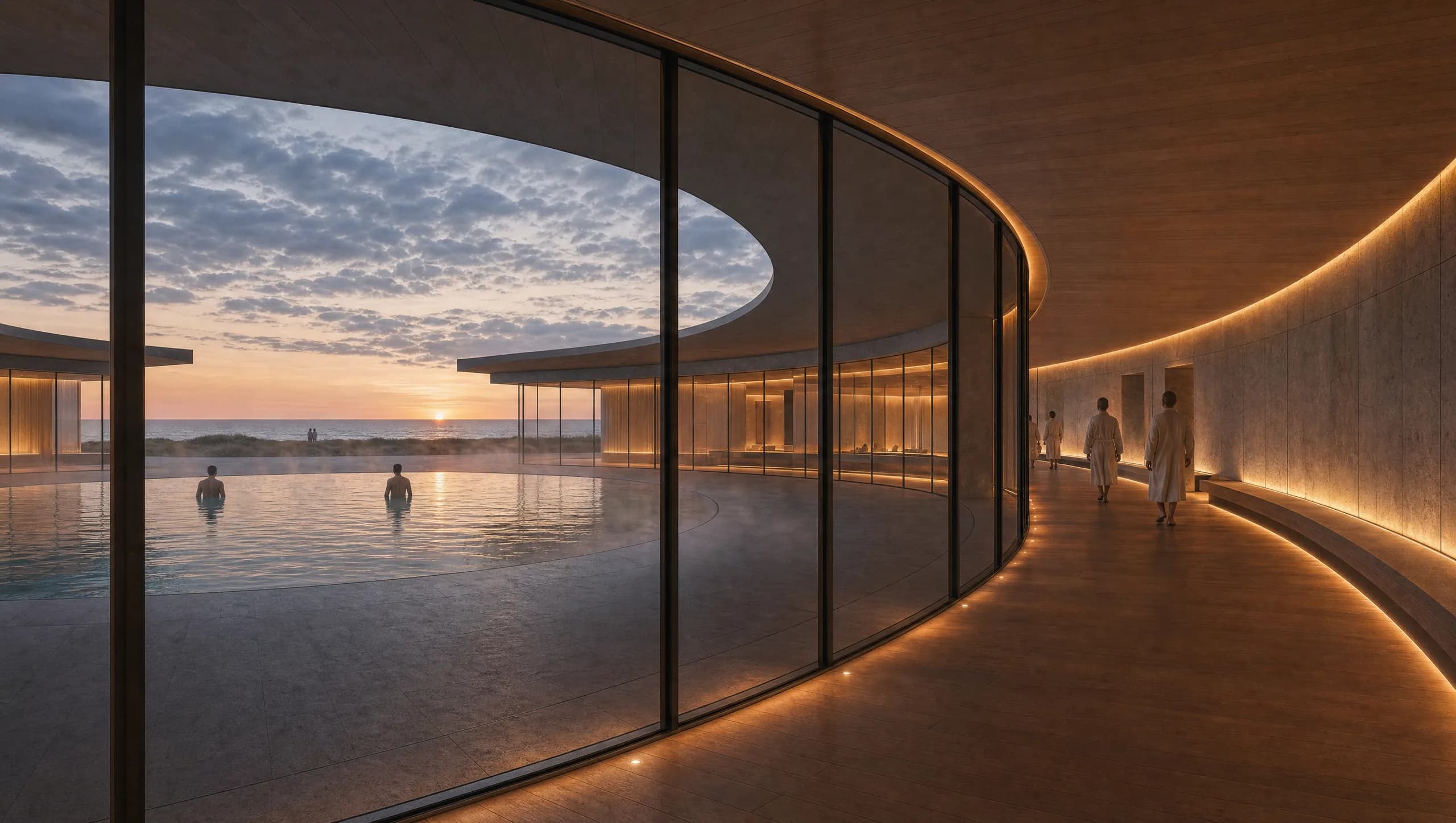 Concept view from inside the curved glazed gallery that rings The Heart, looking west across the bathing water to the great oculus above and out through the seaward gap to the North Sea horizon at sunset, with guests in robes walking the oak floor.